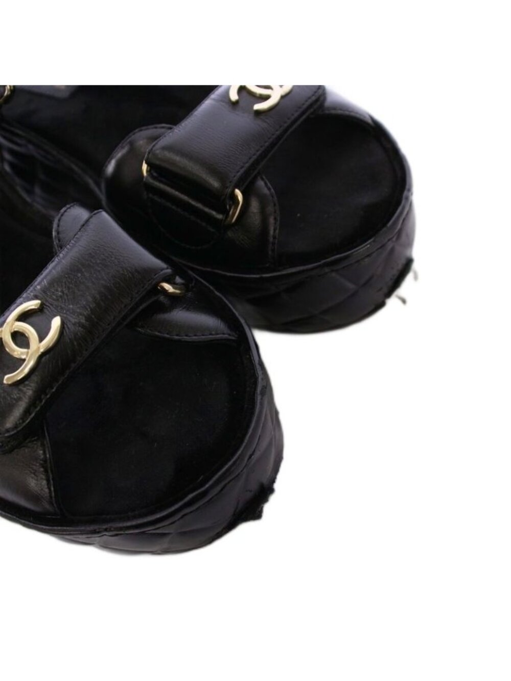 Chanel Sandals Shiny Calfskin Coco Mark Quilted Leather 38 C Black KH - Picture 4 of 9